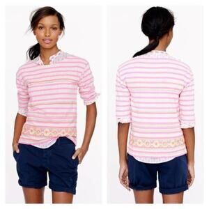 J. Crew Neon Pink Stitchwork Stripe top Embroidery 100% Cotton Size Medium
